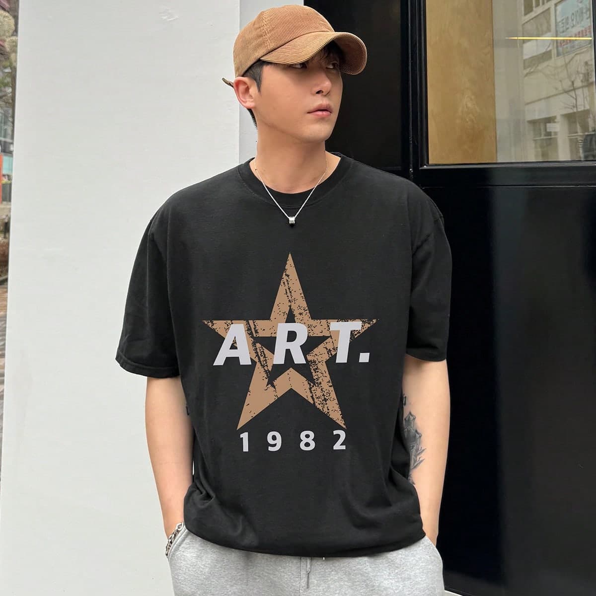 T-Shirt dÃ©contractÃ© pour homme pour lÃ©tÃ© et les dÃ©placements, manches courtes, imprimÃ© de lettre et pentagramme, col rond