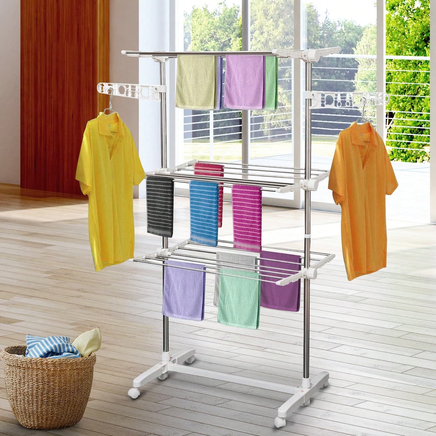 HOMCOM Séchoir à linge étendoir pliable ailes latérales utilisation intérieure et extérieure 142 x 55 x 152 cm 3 niveaux