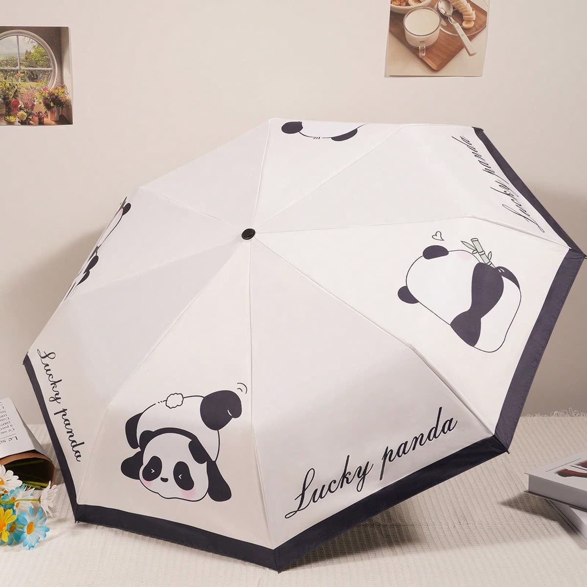 1 Pièce Parapluie Automatique Avec Motif De Panda Pour La Protection Contre Les Rayons Uv Et Le Soleil, Peut Être Utilisé Pour Les Jours Pluvieux