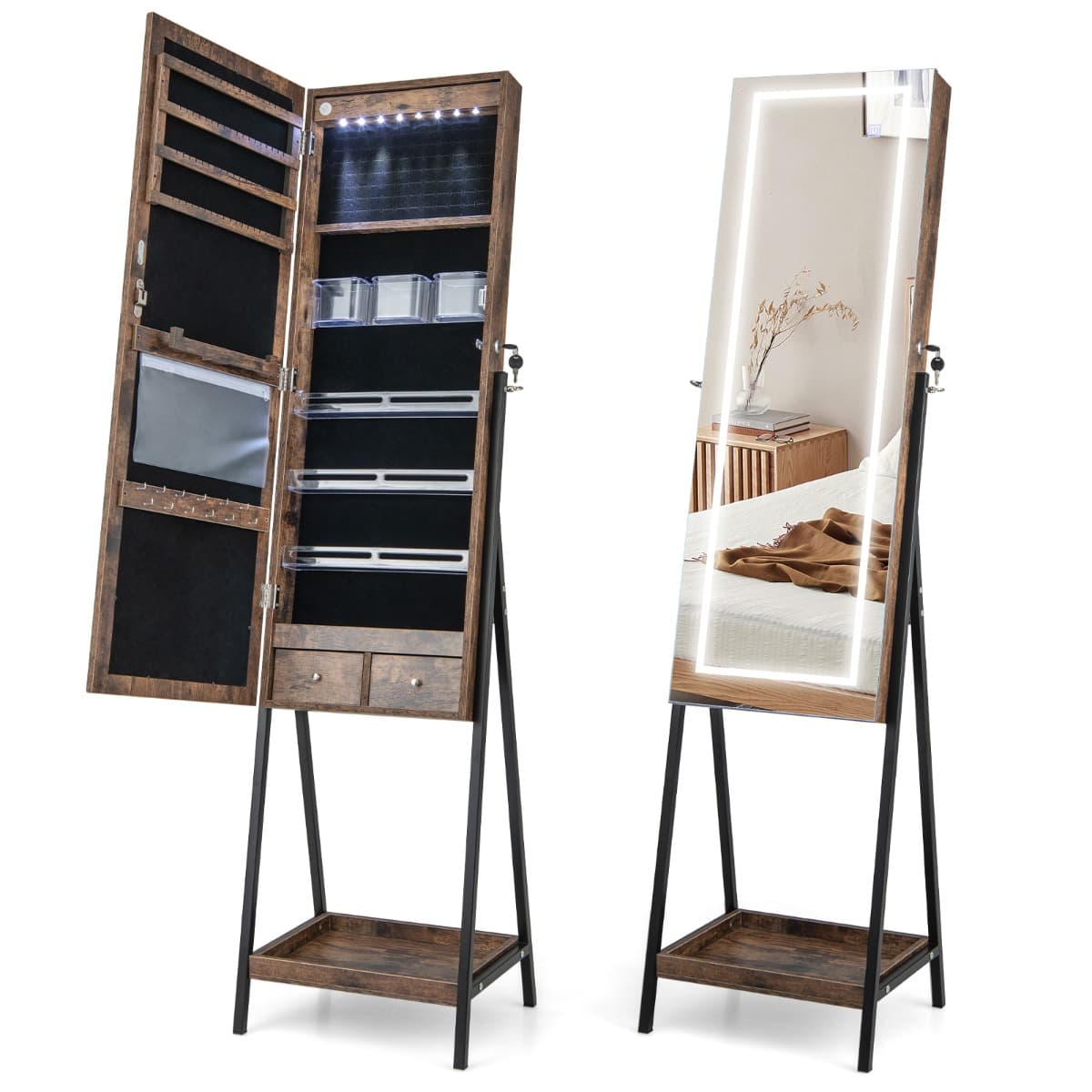 Armoire à Bijoux sur Pied Miroir Pleine Longueur Lumières LED 3 Couleurs Interrupteur Tactile Porte