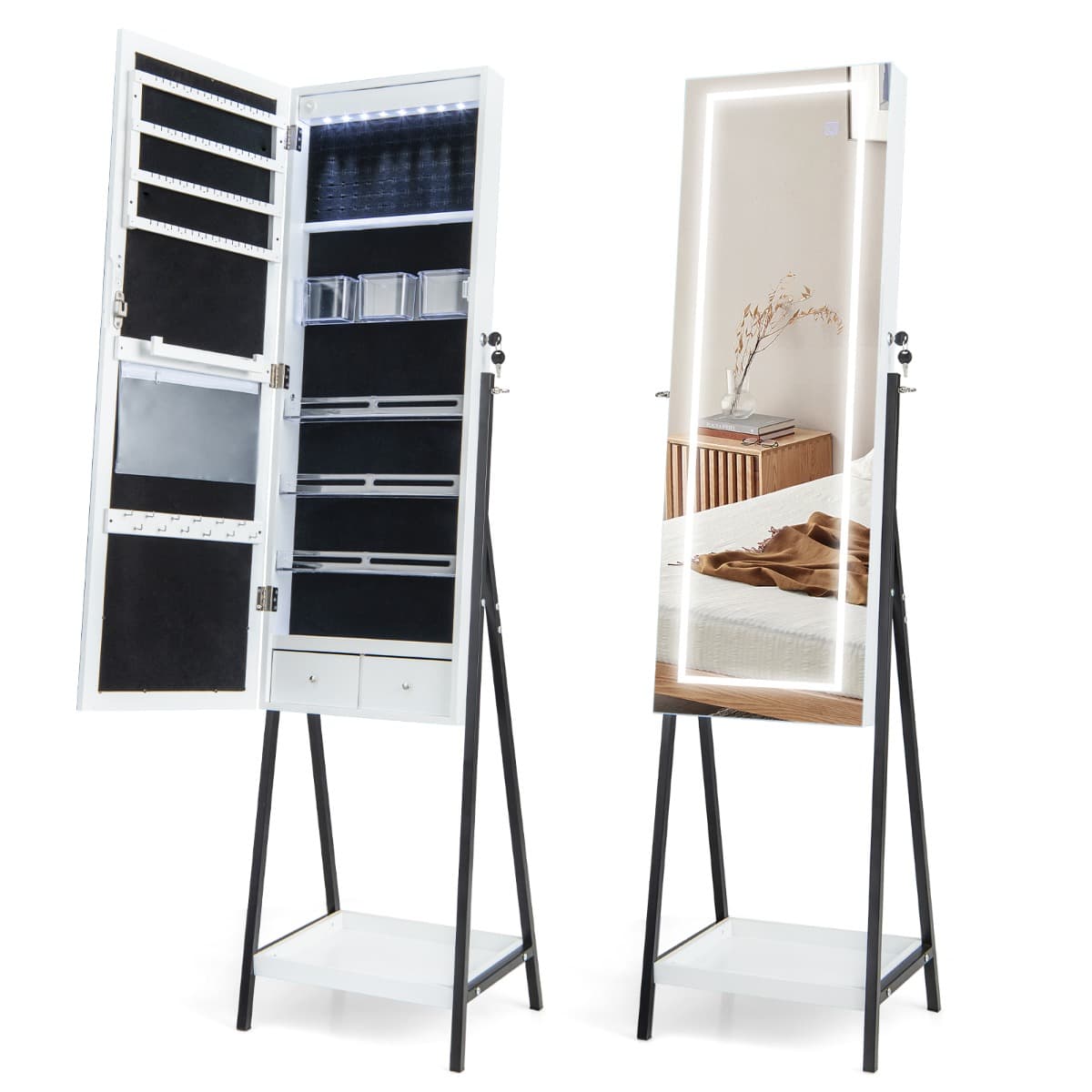Armoire à Bijoux sur Pied Miroir Pleine Longueur Lumières LED 3 Couleurs Interrupteur Tactile Porte