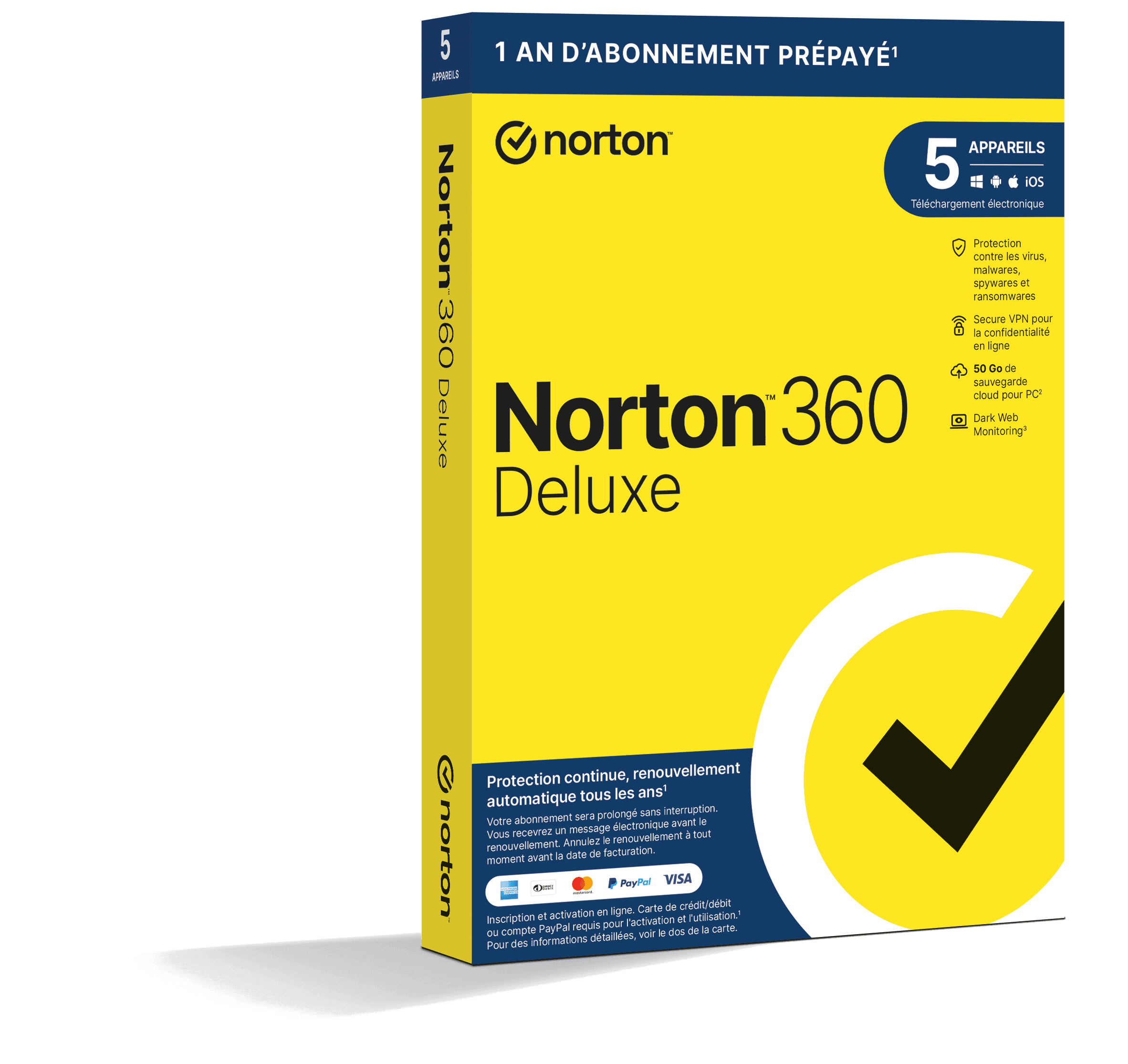 Norton 360 Deluxe 2026 | Renouvellement automatique | 5 Appareils | 1 An | Boîte